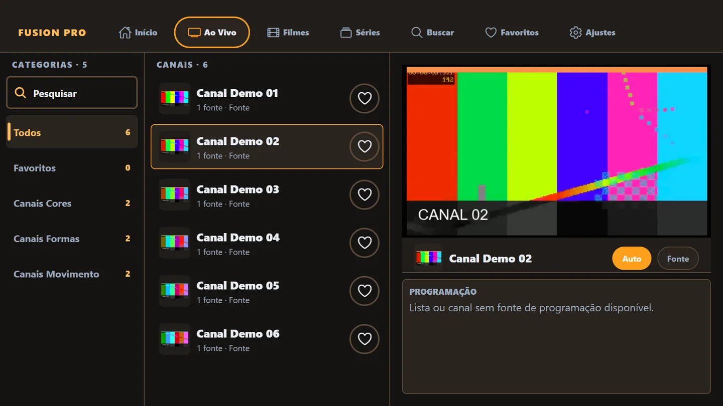 Lista ao vivo com prévia do vídeo